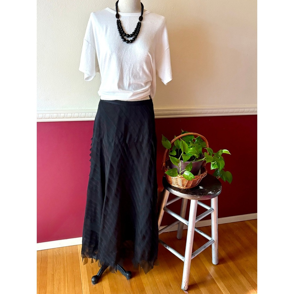 NEW Vintage Laura Ashley Jet Black Tiered Tulle Maxi Skirt M Whimsigoth Elegant